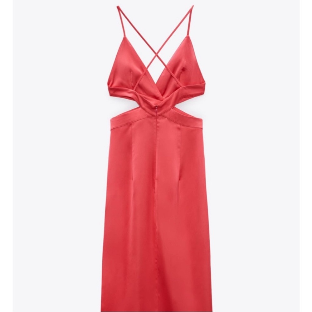NWT. Zara Coral Pink Satin Effect Cut Out V-neck Midi Dress. Size XS. - Picture 5 of 12